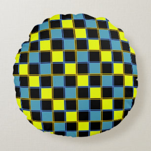 Yellow blue checkered geometric pattern  round cushion