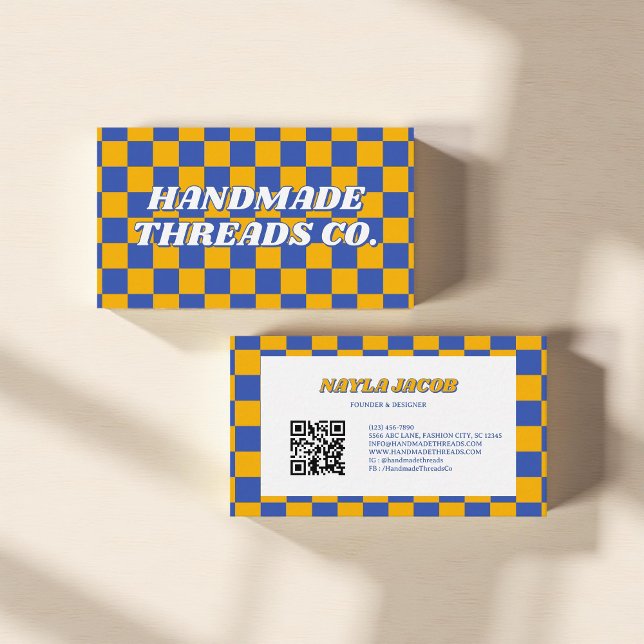 Yellow Blue Chequerboard Modern Retro Business Card (Creator Uploaded)