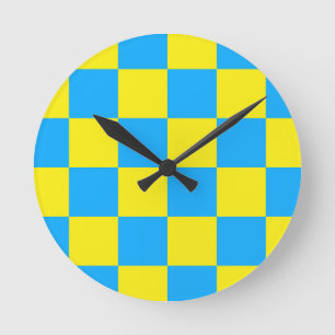 Yellow Blue Chequered Check Pattern Round Clock