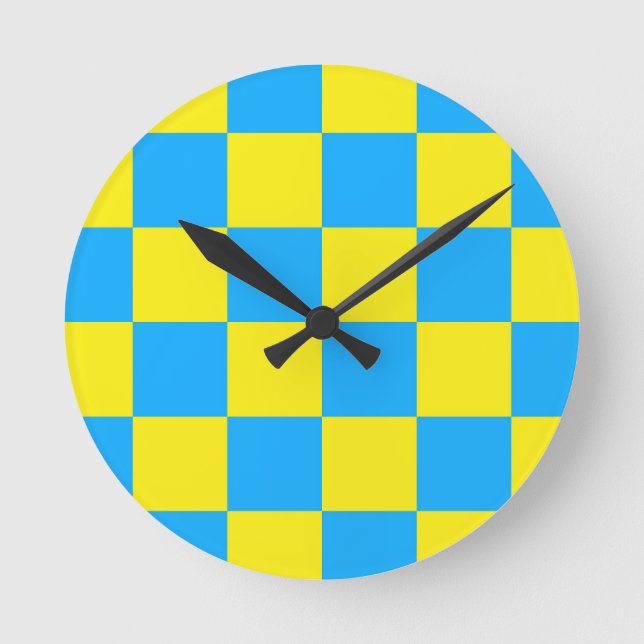 Yellow Blue Chequered Check Pattern Round Clock (Front)