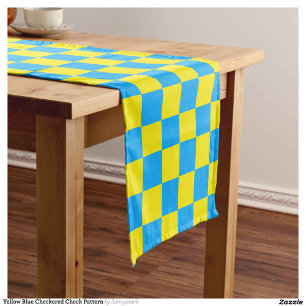 Yellow Blue Chequered Check Pattern Short Table Runner