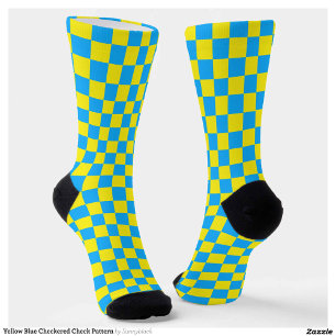 Yellow Blue Chequered Check Pattern Socks