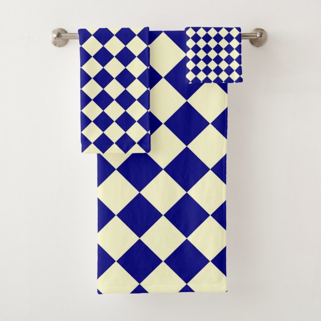 Yellow Blue Chequered Diamond Pattern  Bath Towel Set (Insitu)
