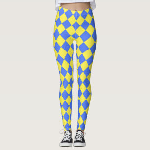 Yellow Blue Chequered Diamond Pattern Leggings