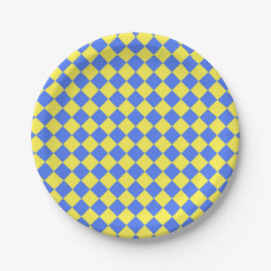 Yellow Blue Chequered Diamond Pattern Paper Plate