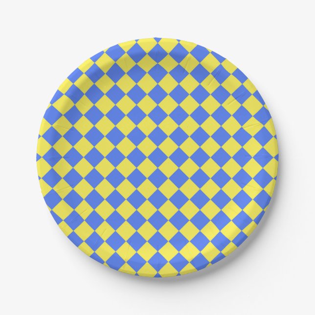Yellow Blue Chequered Diamond Pattern Paper Plate (Front)