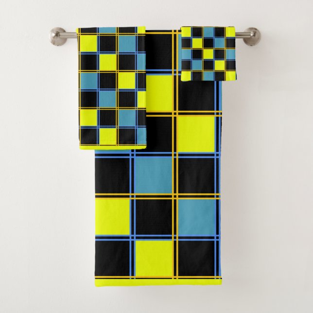 Yellow blue chequered geometric pattern  bath towel set (Insitu)