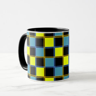 Yellow blue chequered geometric pattern  mug