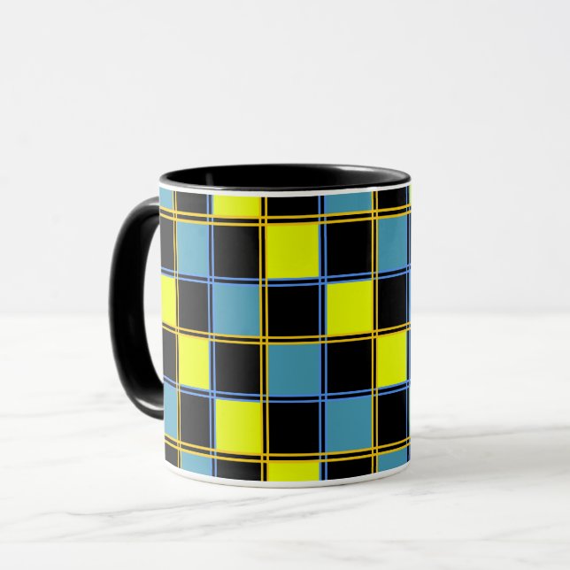 Yellow blue chequered geometric pattern  mug (Front Left)