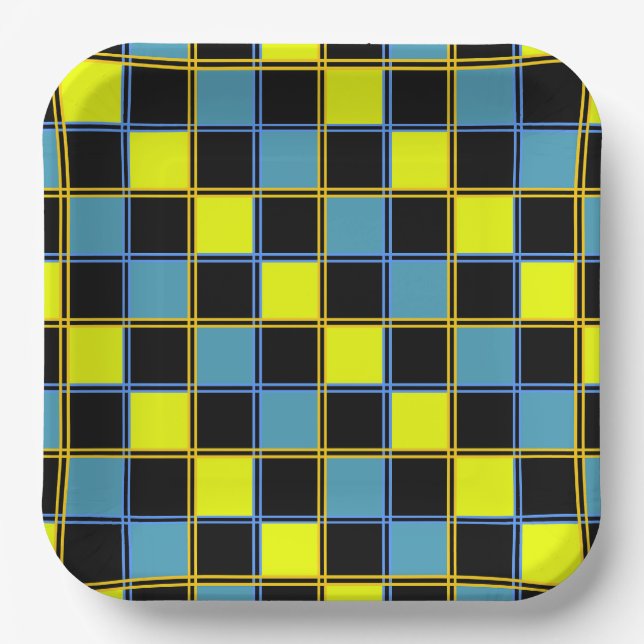 Yellow blue chequered geometric pattern  paper plate (Front)