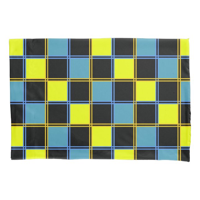Yellow blue chequered geometric pattern pillowcase (Front)