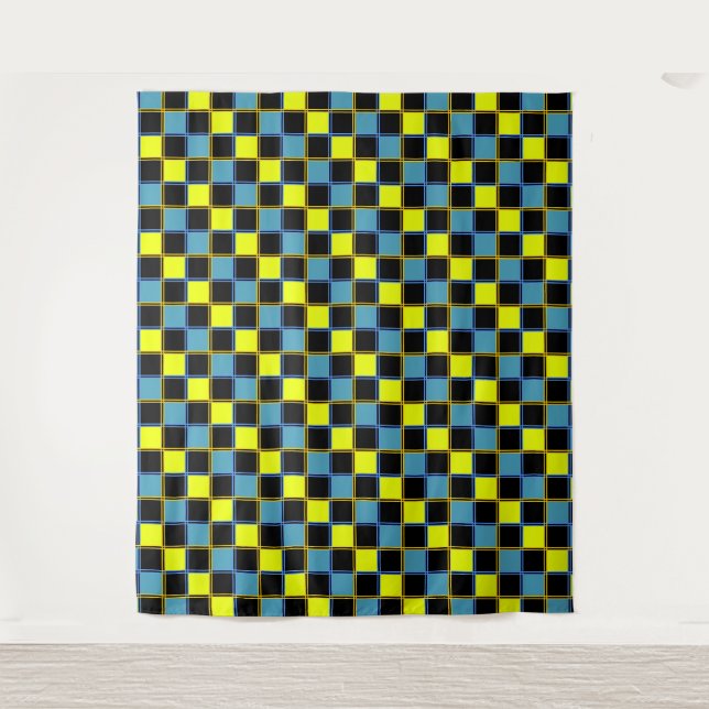 Yellow blue chequered geometric pattern tapestry (Front)