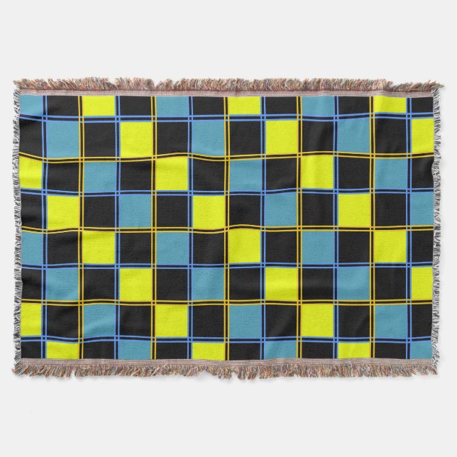 Yellow blue chequered geometric pattern throw blanket (Front)