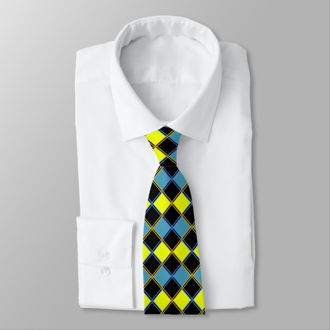 Yellow blue chequered geometric pattern tie (Tied)