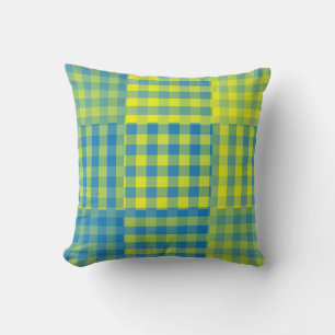 Yellow Blue Chequered Patchwork Pattern Cushion