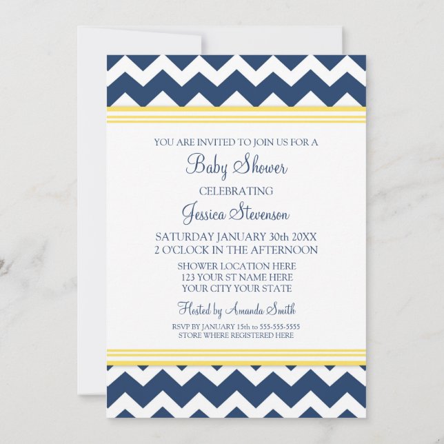 Yellow Blue Chevron Custom Baby Shower Invitations (Back)