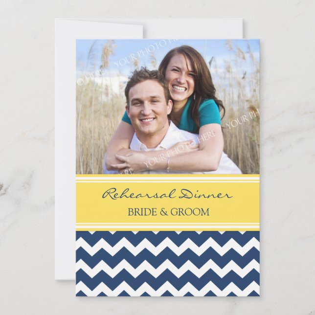 Yellow Blue Chevron Photo Rehearsal Dinner Party Invitation (Front)