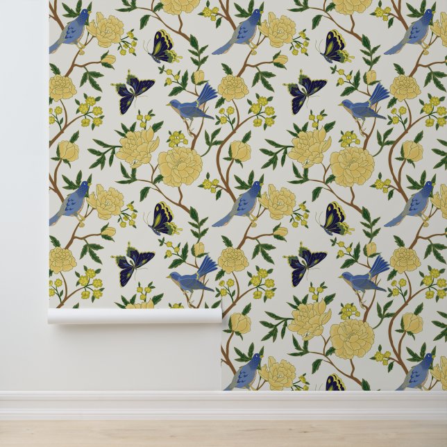 Yellow & Blue Chinoiserie Cloisonne Birds Wallpaper (Application)