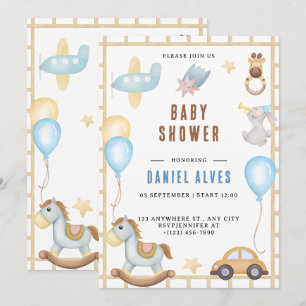 Yellow Blue Cute Hand Drawn Watercolor Baby Shower Invitation