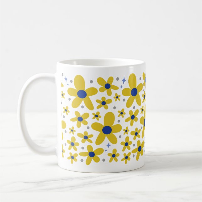 Yellow & Blue Daisy Flower Pattern Coffee Mug (Left)