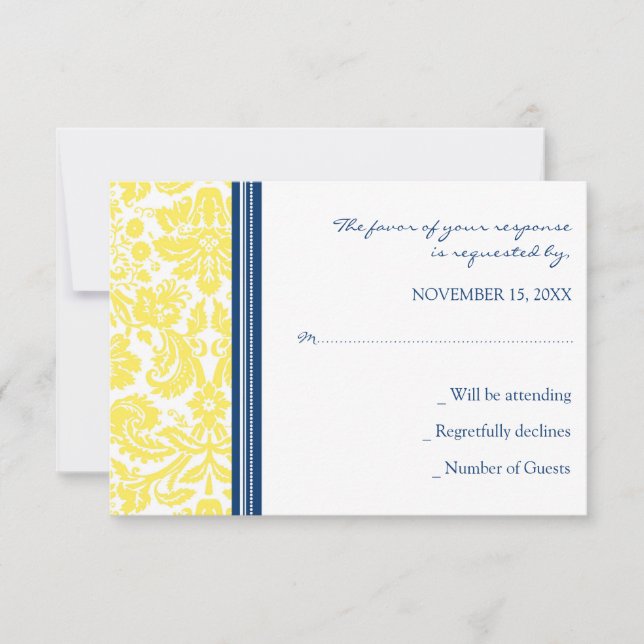 Yellow Blue Damask RSVP Wedding Card (Front)