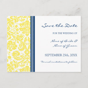 Yellow Blue Damask Save the Date Wedding Postcard