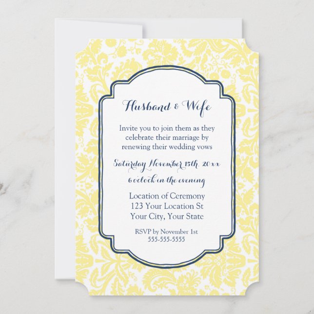 Yellow Blue Damask Vintage Vow Renewal Invitation (Back)