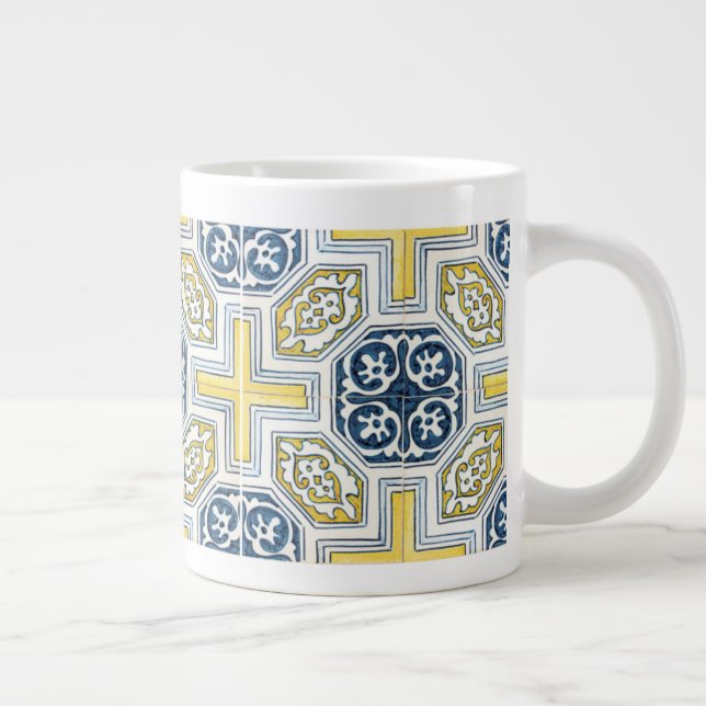 Yellow Blue Faux Geometric Tile Art Large Coffee Mug (Right)