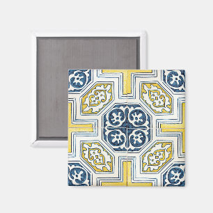 Yellow Blue Faux Geometric Tile Art Magnet