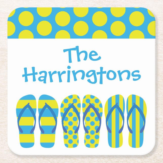 Yellow Blue Flip Flops Personalised Paper Coasters (Front)