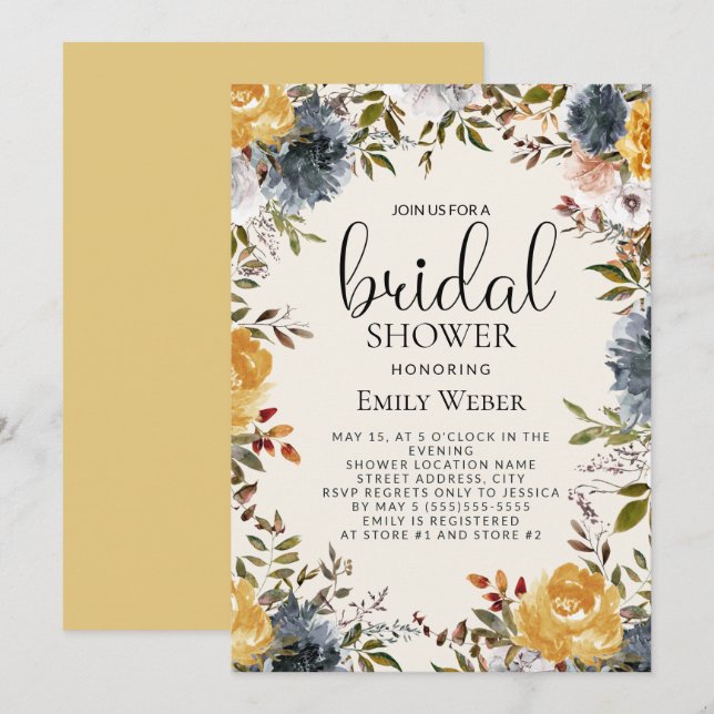 Yellow Blue Floral Bridal Shower Invitation (Front/Back)
