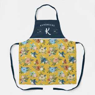 Yellow & Blue Floral Pattern Family Monogram Apron