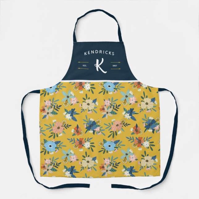 Yellow & Blue Floral Pattern Family Monogram Apron (Front)