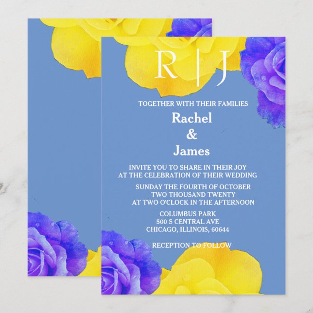 Yellow Blue Floral Rose Flowers Elegant Wedding Invitation (Front/Back)