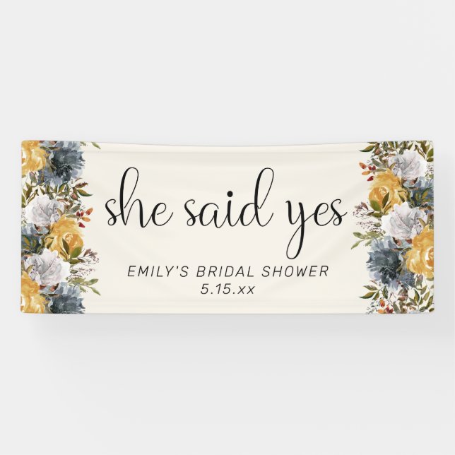 Yellow Blue Floral She Said Yes Bridal Shower Banner (Horizontal)