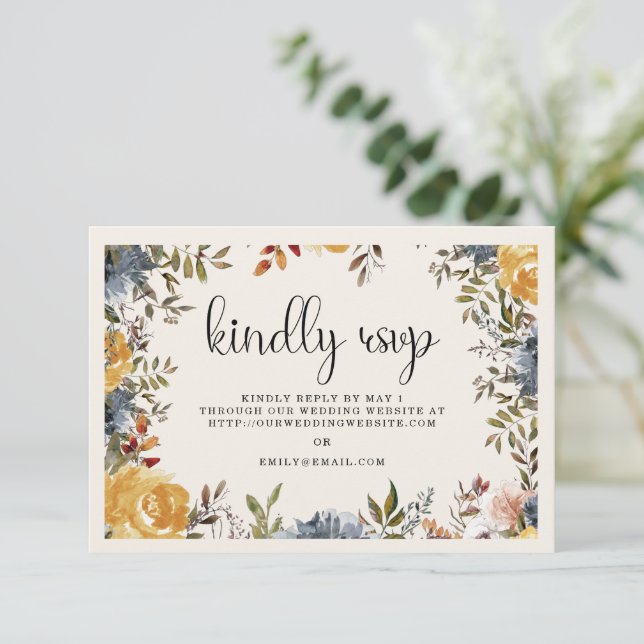 Yellow Blue Floral Wedding Kindly Reply  RSVP Card (Standing Front)