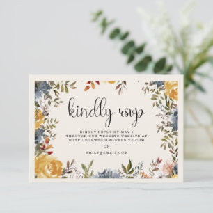 Yellow Blue Floral Wedding Kindly Reply  RSVP Card