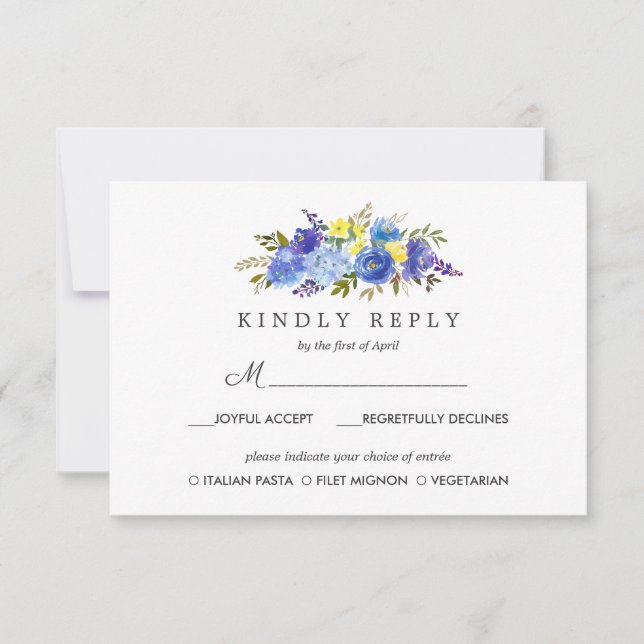 Yellow Blue Floral Wedding  RSVP MEAL option Card (Front)