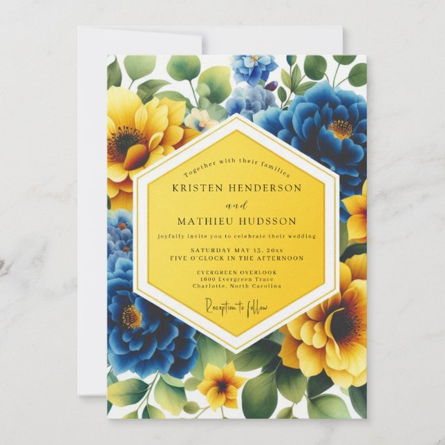 Yellow Blue Floral Whimsy Wedding Invitation (Front)