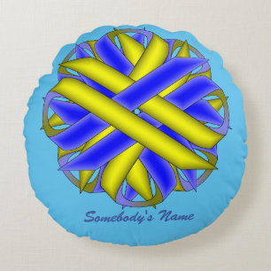 Yellow-Blue Flower Ribbon by Kenneth Yoncich Round Cushion