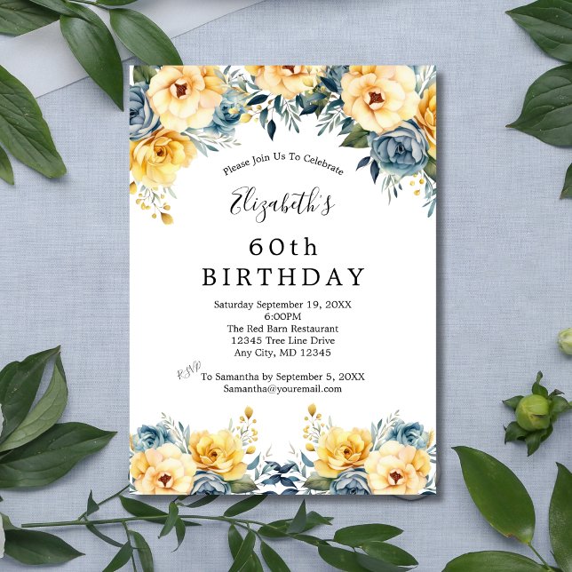 Yellow Blue Flowers Floral 60th 70th 80th Birthday Invitation (Blue Yellow Watercolor Floral Elegant 50th 60th 70th 80th birthday invitation for her)