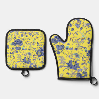 Yellow Blue Flowers  Oven Mitt & Pot Holder Set