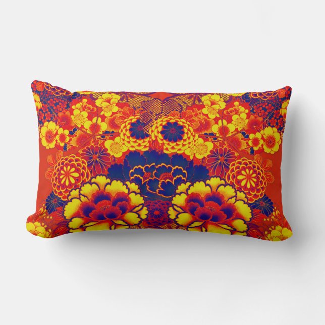 YELLOW BLUE FLOWERS Peony,Roses Japanese Floral Lumbar Cushion (Front)