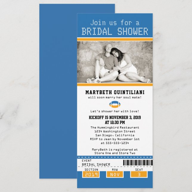 Yellow Blue Football Ticket Bridal Shower Invitation (Front/Back)