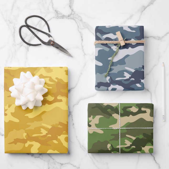 Yellow, Blue & Grass Green Camo Camouflage Wrapping Paper Sheet (Front)