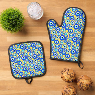 Yellow Blue Greek Eye Colourful Pattern Oven Mitt & Pot Holder Set