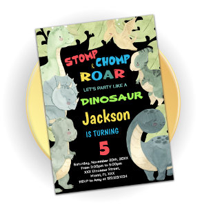 Yellow Blue Green Dinosaur Birthday Invitations