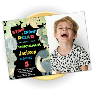 Yellow Blue Green Dinosaur Birthday With Photo Invitation
