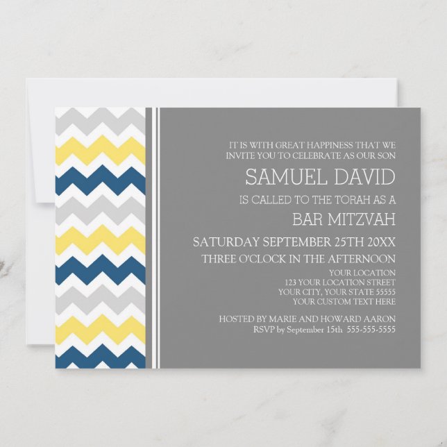 Yellow Blue Grey Chevron Bar Mitzvah Invitations (Back)