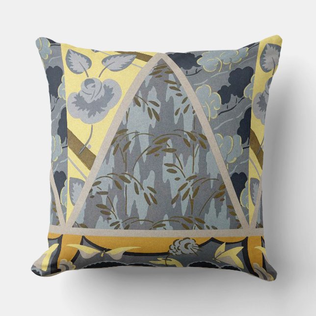 YELLOW BLUE GREY FLOWERS, BUTTERFLIES BOLD FLORAL CUSHION (Front)